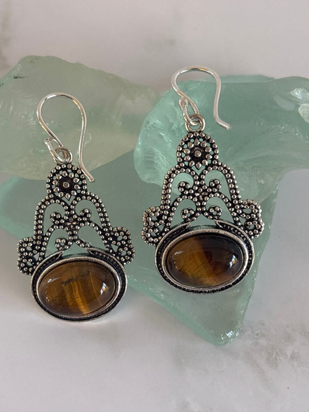 925 Sterling Tiger Eye Dangle Earrings